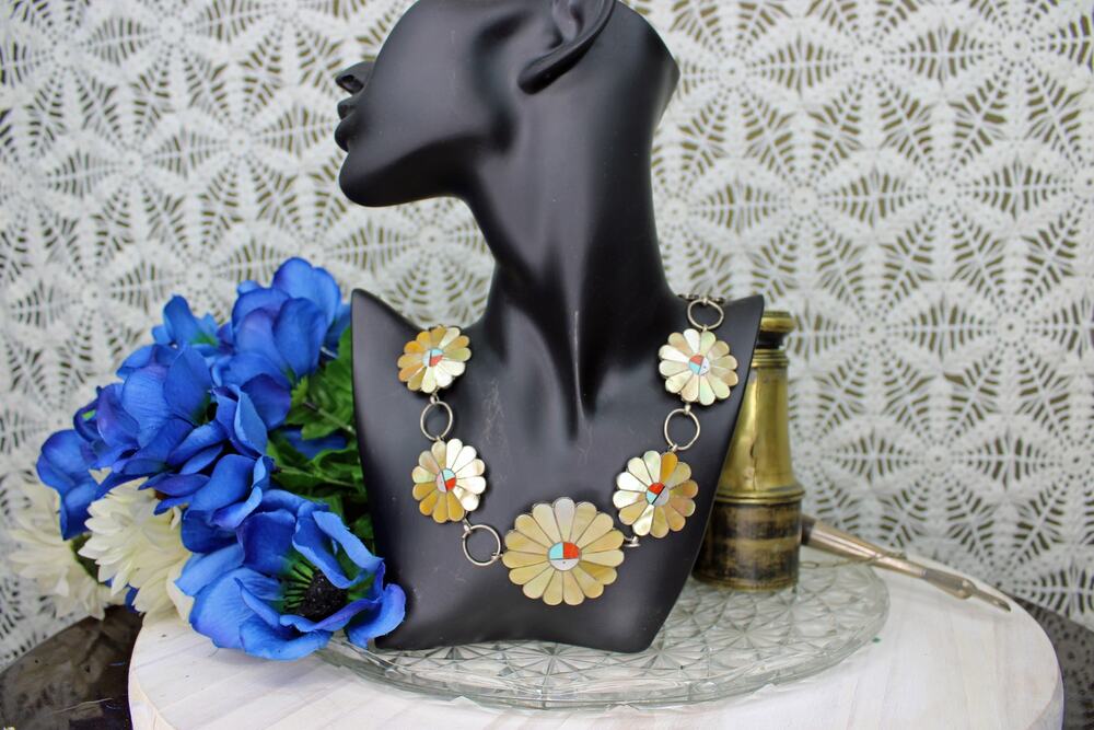 Vintage Zuni Sunface Multi-Stone Inlay Sterling Silver Necklace